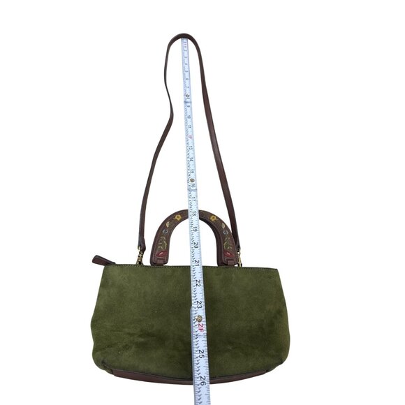 Relic Green Suede Brown Leather Floral Handle Crossbody Bag SKU 7056 - Picture 5 of 13